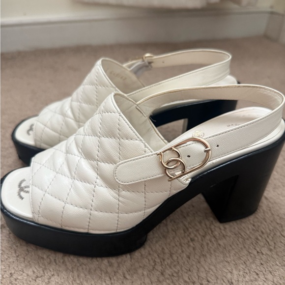 CHANEL Shoes - Chanel White Quilted Slingback Platform Heels